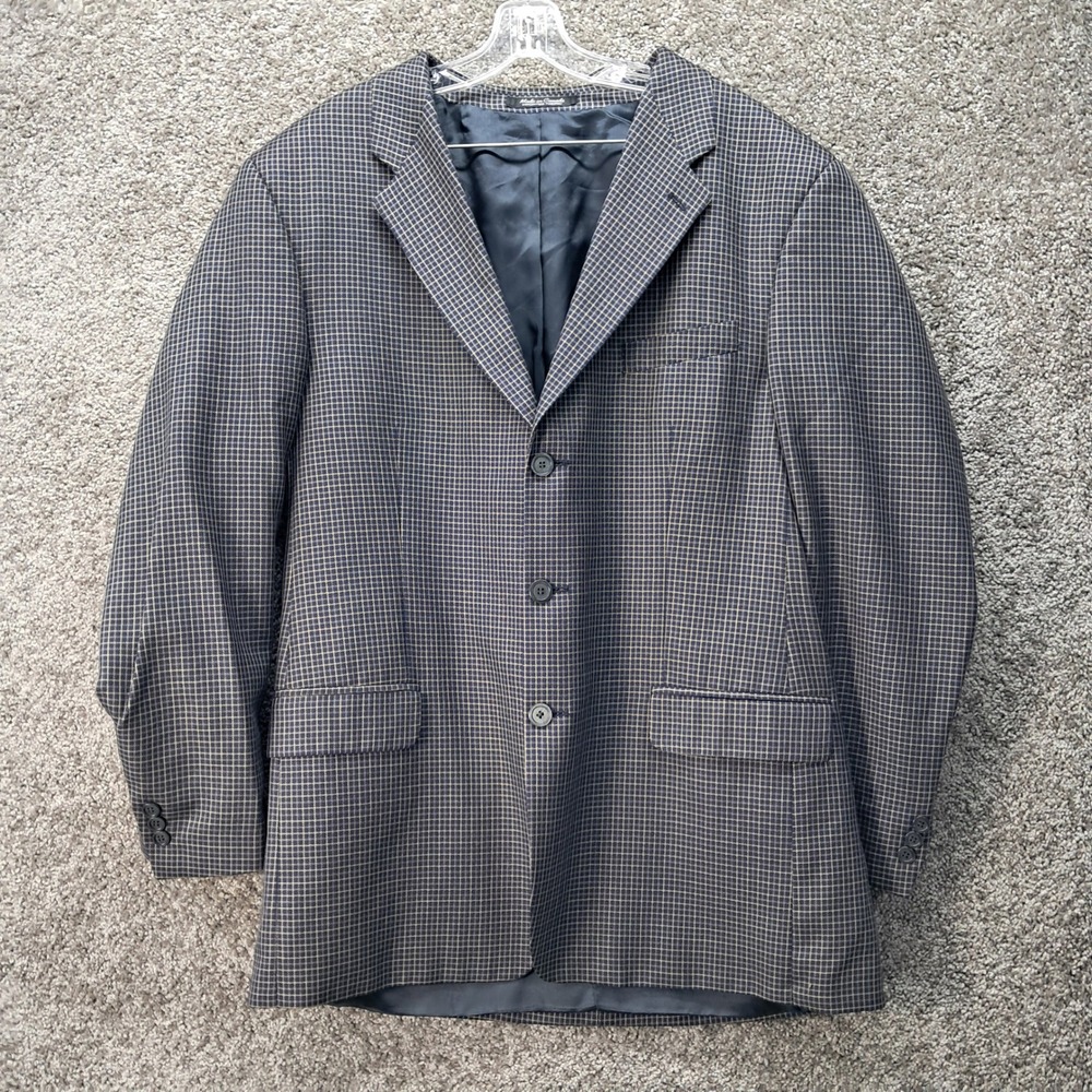 Conte di Milano Mens Silk Worsted Wool Blazer 44T Navy‎ Tan Micro Check Canada